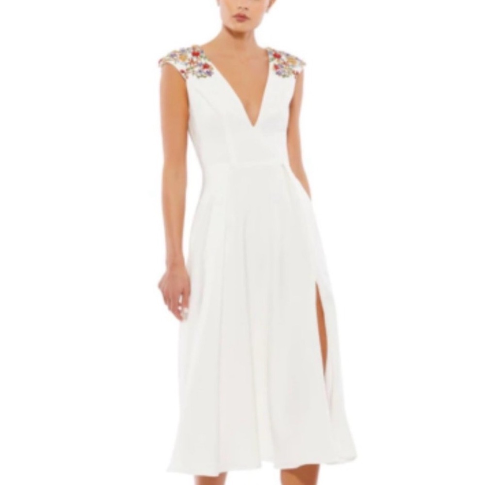 NWT Mac Duggal White Midi Dress with Floral Gems - Picture 4 of 7